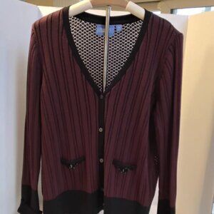 Simply Vera Wang Women's cardigan sweater burgundy with black vertical stripes